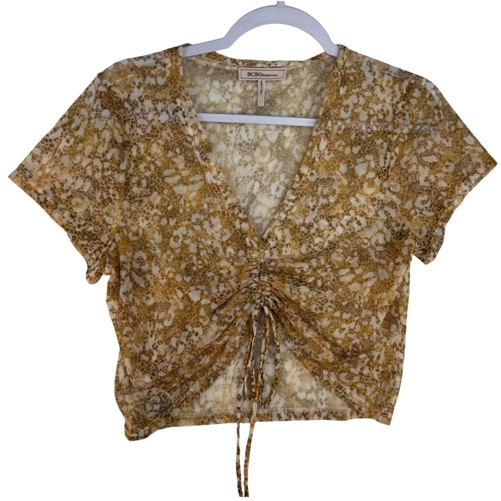 BCBGeneration Womens Brown Animal Print Mesh Cinched Front V-Neck Crop Top Large